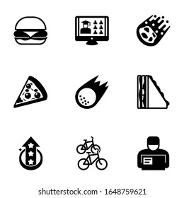 9 Fast Filled Icons Set Isolated On White Background. Icons Set With Burger, Free Shipping, Comet, Pizza, Asteroid, Sandwich, Level Up, Bike Station, Delivery Service Icons.