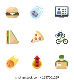 9 Fast Flat Icons Set Isolated On White Background. Icons Set With Burger, Comet, Free Shipping, Sandwich, Pizza, Bike Station, Asteroid, Level Up, Delivery Service Icons.