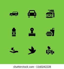 9 fast icons in vector set. food and restaurant, car, bird and burger illustration for web and graphic design