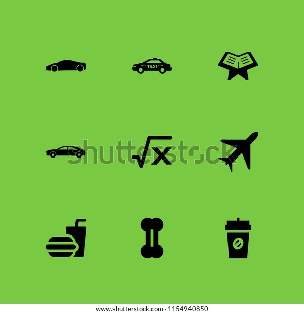 9 fast icons in\
vector set. formula, sportcar, airplane and burger illustration for\
web and graphic design