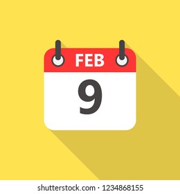 9 february calendar flat style icon with long shadow.