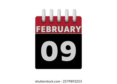 9 February calendar icon text page monthly web design on red, black and white background vector, icon, or illustration with the month of February 9