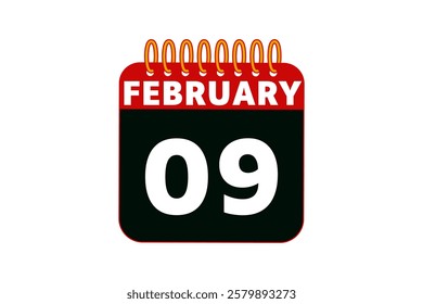 9 February calendar icon text page monthly web design on red, black and white background vector, icon, or illustration with the month of February 9