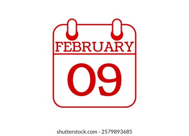 9 February calendar icon text page monthly web design on red and white background vector, icon, or illustration with the month of February 9
