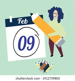 9 February calendar month. vector text Calendar on workplace Background, Empty space for