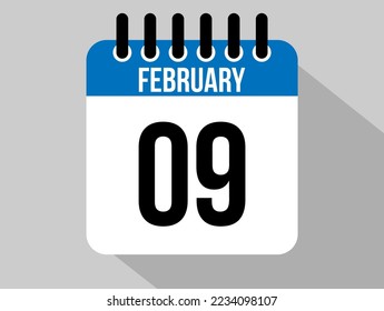 9 february calendar vector icon. Blue february date for the days of the month and the week on a light background