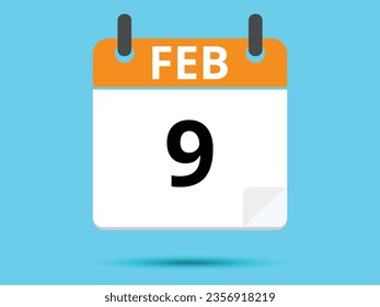 9 February. Flat icon calendar isolated on blue background. Vector illustration.