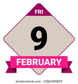 9 February, Friday. Date template. Useful design for calendar or event promotion. Vector illustration EPS 10 File. Isolated on white background. 
