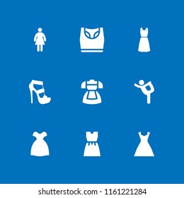 9 femininity icons in vector set. woman with dress, underwear, ballet and strap platform heels illustration for web and graphic design