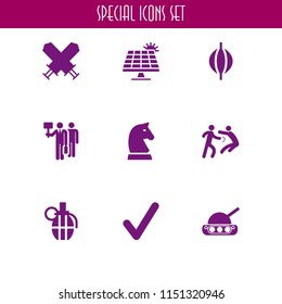 9 fight icons in vector set. right, grenade, war tank and warrior illustration for web and graphic design
