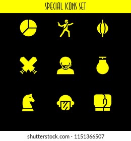9 fight icons in vector set. boxing gloves, boxing bag, soldier and warrior illustration for web and graphic design