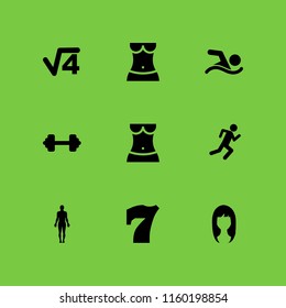 9 figure icons in vector set. body, number, woman dark long hair shape and standing human body silhouette illustration for web and graphic design