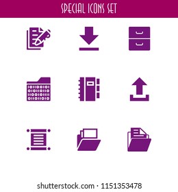 9 file icons in vector set. download, upload, files and folders and folder illustration for web and graphic design