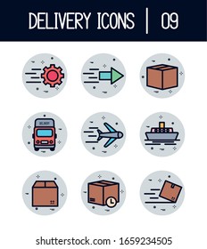 9 diseño de conjunto de iconos de estilo de bloque de relleno, logística de entrega transporte almacén de servicios de envío industria y tema global Ilustración de vectores