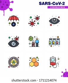 9 Transmisión de ilustraciones vectoriales del virus de la corona de color plano de línea rellena; infección; atención ocular; virus infectados; buscar elementos de diseño de vectores para enfermedades coronavirus virales 2019-nov