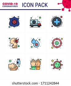 9 Filled Line Flat Color Corona Virus pandemic vector illustrations blood; people; medica; man; cough viral coronavirus 2019-nov disease Vector Design Elements