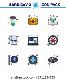 9 Filled Line Flat Color Set of corona virus epidemic icons. such as appointment; online; medical; medical; tissue viral coronavirus 2019-nov disease Vector Design Elements
