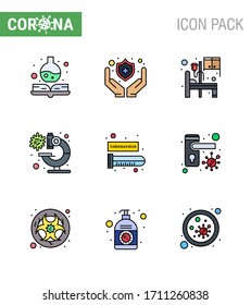 9 Filled Line Flat Color Set of corona virus epidemic icons. such as virus; blood test; medical; blood; microscope viral coronavirus 2019-nov disease Vector Design Elements