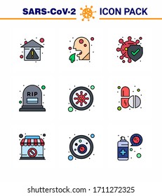 9 Filled Line Flat Color viral Virus corona icon pack such as rip; grave; man; count; protection viral coronavirus 2019-nov disease Vector Design Elements