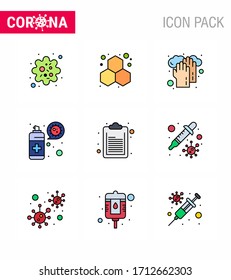 9 Color plano de línea relleno Conjunto de íconos epidémicos del virus de la corona. tales como documento; protección; asistencia sanitaria; virus; elementos de diseño de vectores para la enfermedad del coronavirus viral 2019-nov