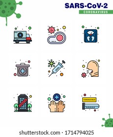 9 Paquete de iconos Covid19 con color plano de línea relleno, como protección; médico; virus; kit; Enfermedad coronavirus viral máquina 2019-nov Elementos de diseño de vectores