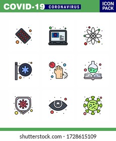 9 Flat Color Coronavirus Epidemic-Icon-Pack mit ausgefüllten Linien ist schmutzig; Apotheke; Atom; medizinisches Zentrum; Krankenhaussignalisierung virales Coronavirus 2019-nov Krankheit Vector Design Elements