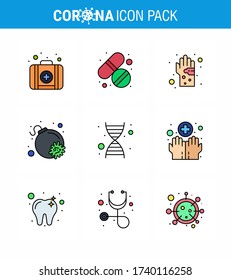 9 Paquete de íconos epidémicos de coronavirus de color plano de línea rellena succionar como genética; virus; sucio; bombardeo; virus de la coronavirus viral 2019-nov Enfermedad Vector Elementos de diseño