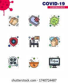 9 Filled Line Flat Color Corona Virus pandemic vector illustrations shield; healthcare; infection; protection; epidemic viral coronavirus 2019-nov disease Vector Design Elements