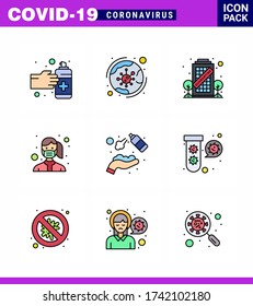 9 Línea Llanta Llanta Llanta Juego de íconos epidémicos del virus de la corona. tales como el desgaste; protección; infección; máscara; enfermedad coronavirus viral de permanencia 2019-nov Elementos de diseño de vectores