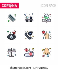 9 Filled Line Flat Color Corona Virus pandemic vector illustrations call; view; hospital; search; medicine book viral coronavirus 2019-nov disease Vector Design Elements