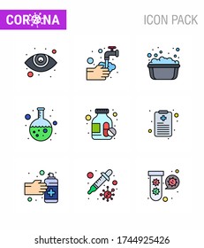 9 Filled Line Flat Color Set of corona virus epidemic icons. such as medicine bottle; research; basin; lab; test viral coronavirus 2019-nov disease Vector Design Elements