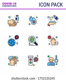 9 Filled Line Flat Color Set of corona virus epidemic icons. such as coronavirus; worldwide; fever; washing; hands spray viral coronavirus 2019-nov disease Vector Design Elements