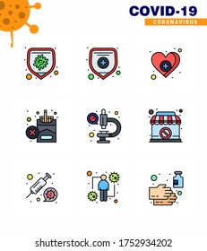 9 Flache Farbkorona-Virus-Pandemie, Vektorgrafik-Mikroskop in der gefüllten Linie; Coronavirus; Liebe; Zigarette; keine viralen Coronavirus-2019-nov-Erkrankungen Vectordesign Elements