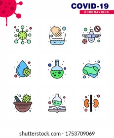 9 Línea Llanta Llanta Llanta Juego de íconos epidémicos del virus de la corona. tales como el ensayo; fiebre; tazón de agua; virus de la sangre; elementos de diseño de vectores de enfermedad coronavirus viral de advertencia 2019-nov