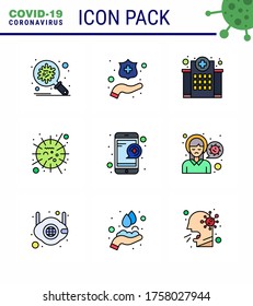 9 Filled Line Flat Color Set of corona virus epidemic icons. such as virus; mers; building; influenza; nursing viral coronavirus 2019-nov disease Vector Design Elements