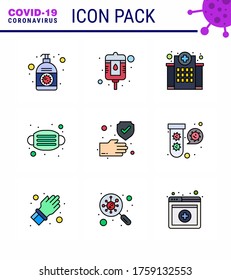 9 Filled Line Flat Color Set von Corona Virus Epidemic-Icons. wie beispielsweise sauber; medizinisch, Gebäude; Maske; gestilltes virales Coronavirus 2019-nov Krankheit Vectordesign Elements