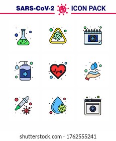 9 Paquete de iconos de corona de virus de color plano de línea rellena, como lavado; atención médica; virus; mano; artrosis coronavirus viral esquudular 2019-nov Elementos de diseño de vectores