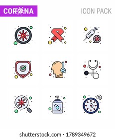 9 Filled Line Flat Color Set of corona virus epidemic icons. such as shield; protection; ribbon; medical; syring viral coronavirus 2019-nov disease Vector Design Elements