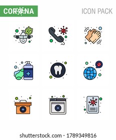 9 Filled Line Flat Color Corona Virus pandemic vector illustrations sanitizer; soap; on; care; washing viral coronavirus 2019-nov disease Vector Design Elements