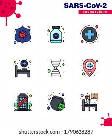 9 Flache Farbkoronavirus-Krankheit und Prävention Vektorsymbol-Genom; DNA; Medica; medizinisches Raum; Bettviruscoronavirus 2019-nov Krankheit Vektor Design Elements
