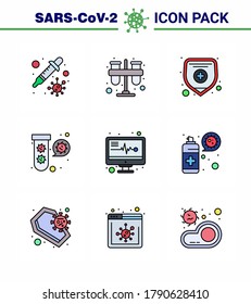 9 Ilustraciones vectoriales del virus corona de color plano de línea rellena; electrónica médica; tubos; tubos; combustible; bacterias coronavirus viral 2019-nov Enfermedad Vector Elementos de diseño