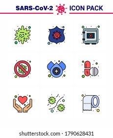 9 Línea llena de color plano coronavirus epidémico paquete succión como peligro; seguridad; localizador; protección; coronavirus viral securitybox 2019-nov Enfermedad Vector Elementos de diseño