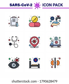 9 Filled Line Flat Color coronavirus epidemic icon pack suck as location; healthcare; pill; diagnosis; medical viral coronavirus 2019-nov disease Vector Design Elements