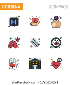 9 Flat Color Coronavirus Covid19 Icon pack, gefüllt mit Flat Color Coronavirus Covid19, wie Medizin; Form; Hände; Tauglichkeit; Viruscoronavirus 2019-nov Krankheit Vektor Design Elements