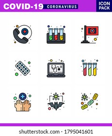9 Filled Line Flat Color Coronavirus disease and prevention vector icon online; check; medical; tablet; health viral coronavirus 2019-nov disease Vector Design Elements