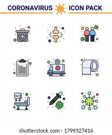 9 Filled Line Flat Color Coronavirus Covid19 Icon pack such as medical; ambulance; coronavirus; list; check list viral coronavirus 2019-nov disease Vector Design Elements