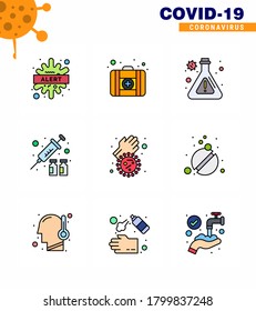 9 Paquete de iconos de corona de virus de color plano de línea rellena como covid; bacterias; matraz; medicina; protección coronavirus viral 2019-nov Enfermedad Vector Elementos de diseño
