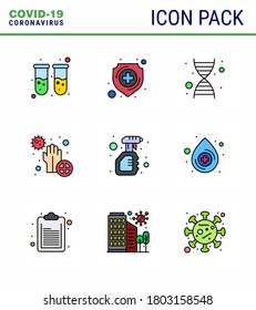 9 Paquete de iconos de corona de virus de color plano de línea rellena como sólido; bacterias; adn; manos; coronavirus viral sucio 2019-nov Enfermedad Vector Elementos de diseño