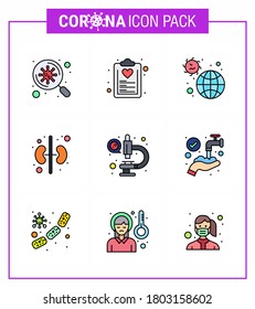 9 Enfermedad coronavirus de color plano de línea relleno y prevención del coronavirus de los vectores; riñón; plan; humanos; enfermedad coronavirus viral pandémico 2019-nov Elementos de diseño de vectores