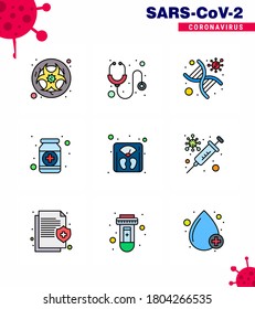 9 Filled Line Flat Color Set of corona virus epidemic icons. such as health; fitness; stethoscope; drugs; strand viral coronavirus 2019-nov disease Vector Design Elements